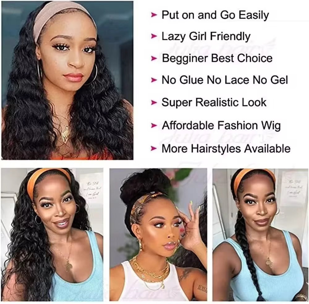 Brazilian Body Wave Human Hair Wig With Scarf Glueless Remy Headband Wig