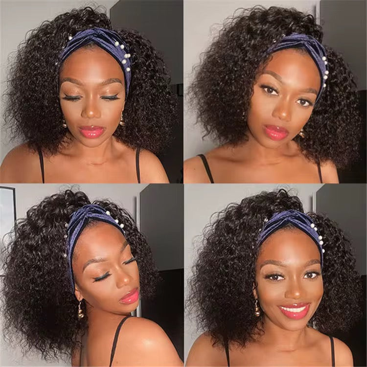Kinky Curly Glueless Human Hair Headband Wig None Lace Front 180% Density Wear and Go Wig