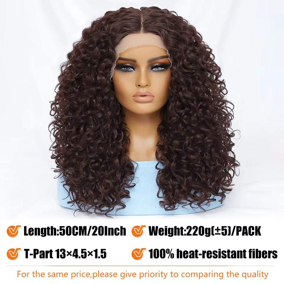 Dark Brown Afro Kinky Curly Wig
13x6 T-Part • Glueless • Heat-Resistant Synthetic Fiber