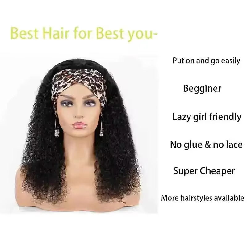 Glueless Deep Wave Curly Headband Human Wig 180% Density