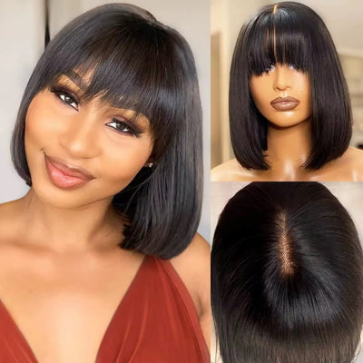 Straight Layered Bob Wig with Bangs 4x2 HD Transparent 200% density