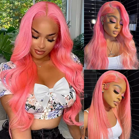 13x4 Pink Body Wave Lace Front Wig Human Hair 180% Density