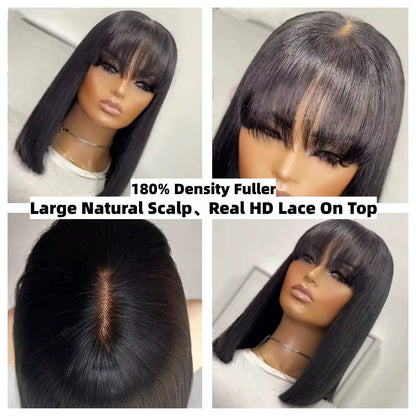 Straight Layered Bob Wig with Bangs 4x2 HD Transparent 200% density