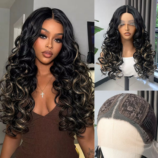 Premium Black & Honey Curly Lace Front Wig Glueless • Pre-Plucked • Synthetic Fiber • Natural-Looking Curls