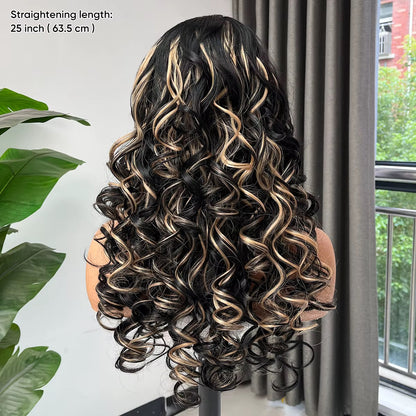 Premium Black & Honey Curly Lace Front Wig Glueless • Pre-Plucked • Synthetic Fiber • Natural-Looking Curls
