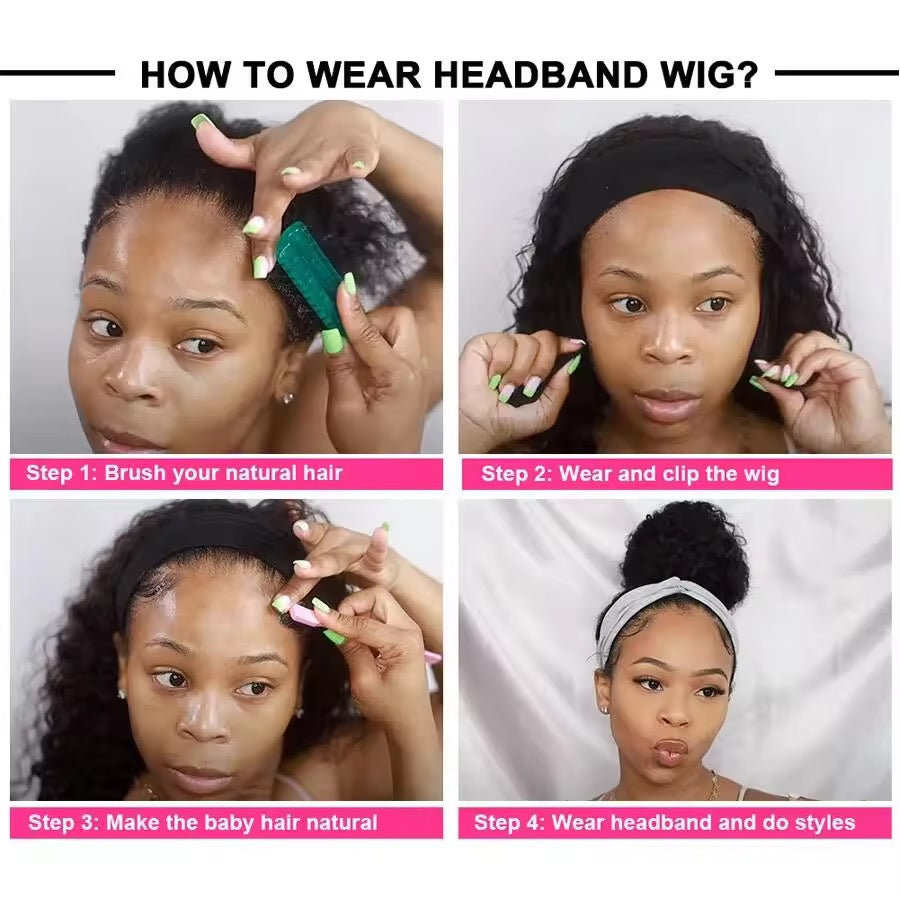 Glueless Deep Wave Curly Headband Human Wig 180% Density