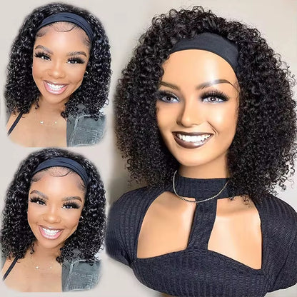 Kinky Curly Glueless Human Hair Headband Wig None Lace Front 180% Density Wear and Go Wig