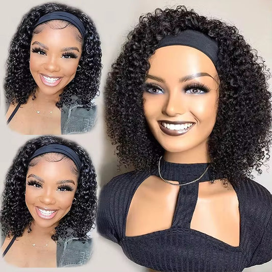 Kinky Curly Glueless Human Hair Headband Wig None Lace Front 180% Density Wear and Go Wig