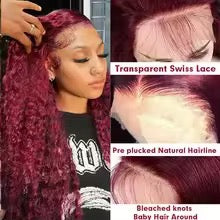 30 inch 13x6 Burgundy Deep Wave HD Transparent Full Lace Frontal Wig Human Hair 250% Density