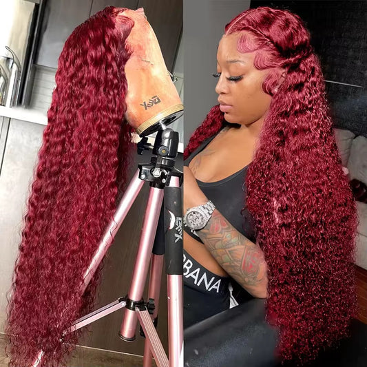 30 inch 13x6 Burgundy Deep Wave HD Transparent Full Lace Frontal Wig Human Hair 250% Density