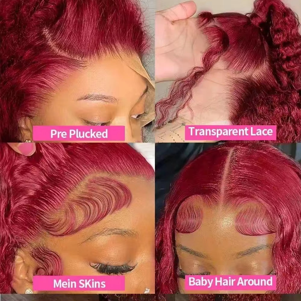 30 inch 13x6 Burgundy Deep Wave HD Transparent Full Lace Frontal Wig Human Hair 250% Density