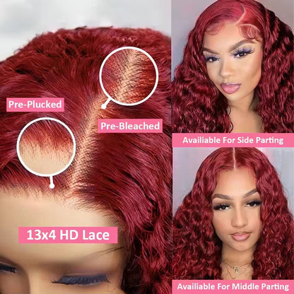 30 inch 13x6 Burgundy Deep Wave HD Transparent Full Lace Frontal Wig Human Hair 250% Density