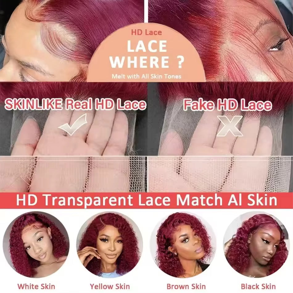 30 inch 13x6 Burgundy Deep Wave HD Transparent Full Lace Frontal Wig Human Hair 250% Density