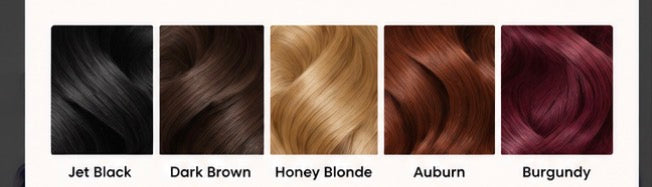 Wig hair color strands in Jet Black, Dark Brown, Honey Blonde, Auburn and Burgundy